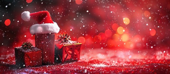 Aufkleber - Santa hats and Christmas gifts on a red background with sparkles Blurred effect Close up copy space