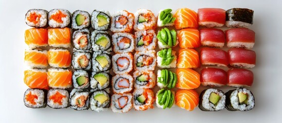 Leinwandbilder - Sushi maki rolls tuna salmon shrimp avocado and various other ingredients Japanese cuisine Top view a selection of sushi that you can enjoy from the menu Copy space