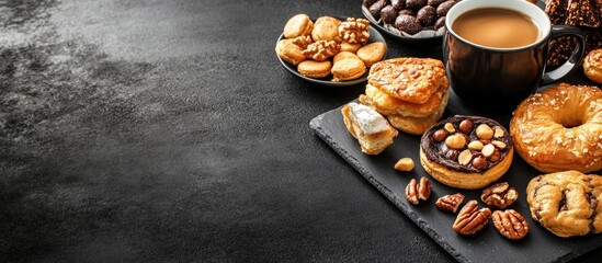 Aufkleber - Breakfast setting featuring sweets and pastries with nuts on a black background along with a coffee cup and patties. with copy space image. Place for adding text or design