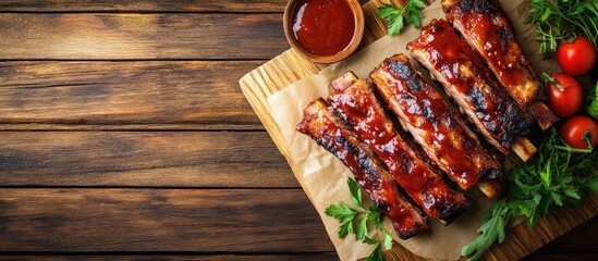 Leinwandbilder - Homemade pork ribs coated in barbecue sauce and accompanied by herbs and tomatoes arranged with napkins on a rustic wooden backdrop Top View Copy Space