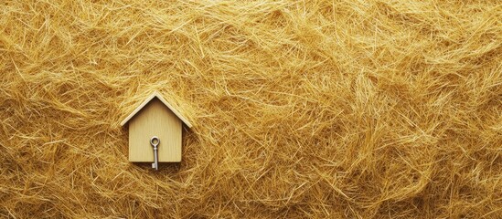 Poster - Dry yellow straw grass background texture following harvest featuring a house symbol with a silver key Top view copy space