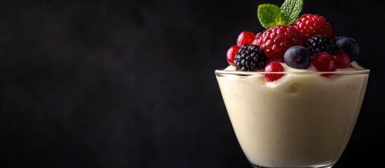 Aufkleber - Milk pudding topped with berries in a glass against a black background copy space
