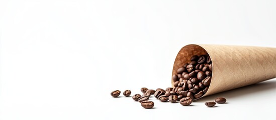 Leinwandbilder - Espresso coffee and beans in a paper cone cornucopia against a white background. with copy space image. Place for adding text or design