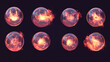 © Sahraya - Broken bubble shields explosion animation stages, force spheres or defense dome fields blow up. Elements for motion design, science fiction deflector, firewall protection, Realistic 3d vector set