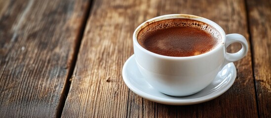 Aufkleber - coffee close up of a cup of Turkish or Greek coffee on a wooden table with copyspace half a mug on a wooden surface with selective focus