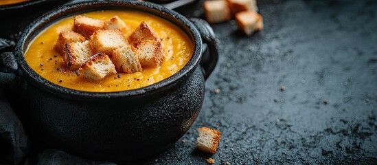 Leinwandbilder - Close up of pumpkin soup with croutons in iron pots adorned with croutons on a dark background featuring copy space