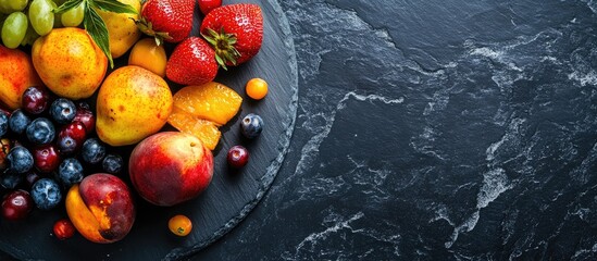 Fototapete - Fruits background in yellow and red hues dark stone slate plate with copy space Flat lay top view Summer abstract creative trendy fresh idea