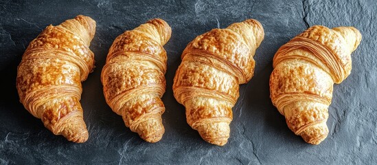 Poster - Five rustic artisan French croissants in a horn shape arranged in a flat lay modern composition. with copy space image. Place for adding text or design