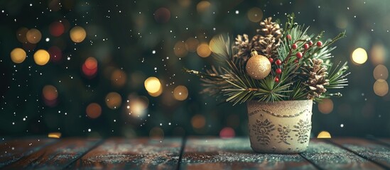 Aufkleber - Christmas arrangement featuring Norwegian pine Nobilis and adorned with festive decorations in a ceramic cup Bokeh garland is in the background Christmas spirit Dark wooden table dusted with snow