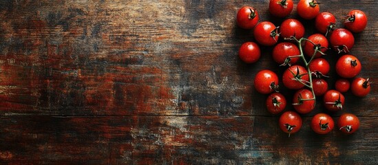 Fototapete - Fresh cherry tomatoes on a rustic wooden table top view with copyspace
