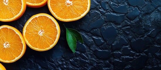 Fototapete - Halves and slices of fresh juicy oranges atop a black textured background. with copy space image. Place for adding text or design