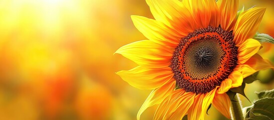 Poster - Sunflower in bright bloom Shallow depth of field Blurred background of the flower Segment of the flower. with copy space image. Place for adding text or design