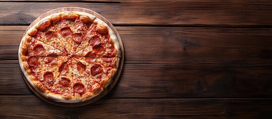 Fototapete - Tasty Italian pizza presented on a wooden table top view. with copy space image. Place for adding text or design