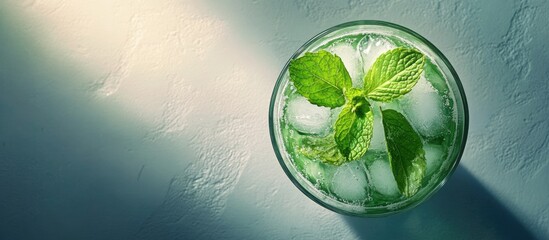 Leinwandbilder - Top view of a refreshing cold mojito cocktail with mint and ice cubes in a glass. with copy space image. Place for adding text or design