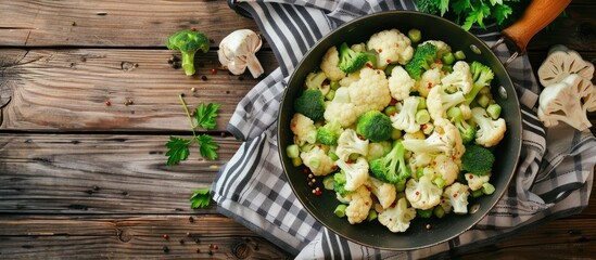 Poster - Fresh broccoli and cauliflower in a frying pan on a wooden table with copyspace Healthy food Top view