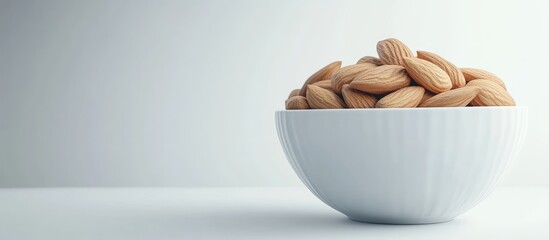 Leinwandbilder - Almonds in a white ceramic bowl on a white background. with copy space image. Place for adding text or design