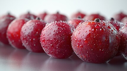 Wall Mural - Close-up of dew-covered red berries in a row.