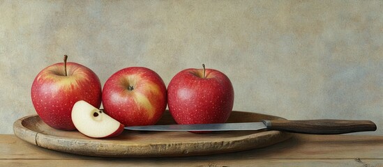 Poster - Ripe Red Delicious apples on a wooden plate alongside a knife. with copy space image. Place for adding text or design