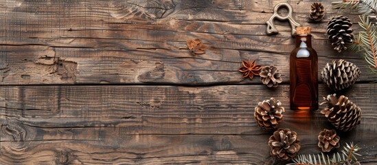 Fototapete - Christmas background on aged wooden boards featuring a decorative element shaped like a figure eight an antique bottle and larch cones. with copy space image. Place for adding text or design