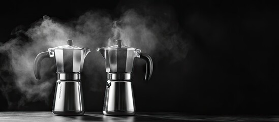 Leinwandbilder - Steam coffee maker on a table Two coffee makers against a black and white background. with copy space image. Place for adding text or design