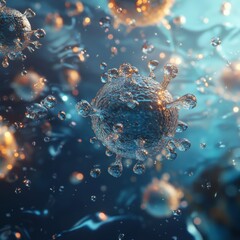 Leinwandbilder - Viruses suspended in droplets of water showcasing intricate structures and vibrant colors in a microscopic environment. Generative AI