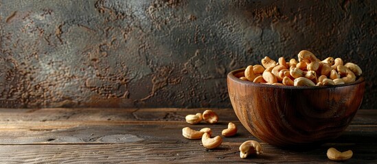 Aufkleber - Numerous cashews in the vintage wooden bowl Dried nuts theme. with copy space image. Place for adding text or design
