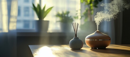 Aufkleber - Aroma diffuser placed on the table with a window backdrop providing space for text Interior decoration air freshener incense. with copy space image. Place for adding text or design