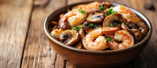 Aufkleber - Stir fried shiitake mushrooms and shrimp with soy sauce in a ceramic dish on a wooden table close up Homemade food concept. with copy space image. Place for adding text or design