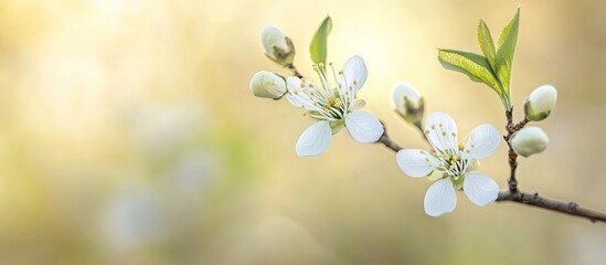 Leinwandbilder - Close up of white blossoming blackthorn flowers and unopened buds on a sloe tree twig Prunus spinosa Blurred background with copy space