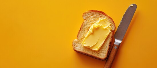 Fototapete - Spreading butter on toast using a knife Orange background Top view. with copy space image. Place for adding text or design