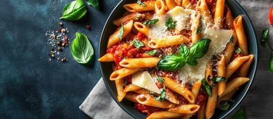 Fototapete - Penne pasta in All Arrabbiata style topped with cheese and basil on a linen tablecloth Studio shot from the top view featuring copy space