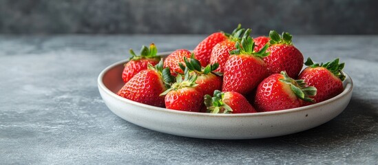 Wall Mural - Fresh natural homemade strawberries on a plate against a grey background Strong lighting and shadows Organic delicious healthy food Vertical orientation copyspace