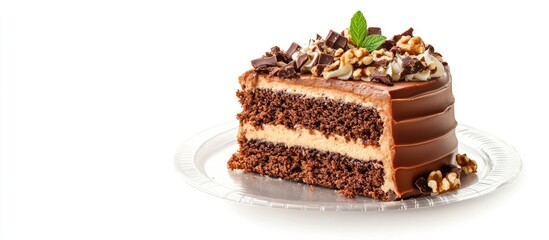 Aufkleber - Walnut toffee cake on a plastic plate with copy space isolated on a white background with a clipping path