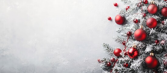 Poster - Christmas festive backdrop featuring a xmas tree decorations on a silver background with copy space in a banner format above