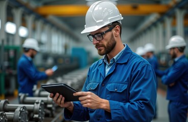 Aufkleber - Engineer in uniform examines tablet in factory. Team of workers operate heavy machinery. Modern tech aids in manufacturing. Industrial setting. Focus on precision work. Safety equipment visible. Pro