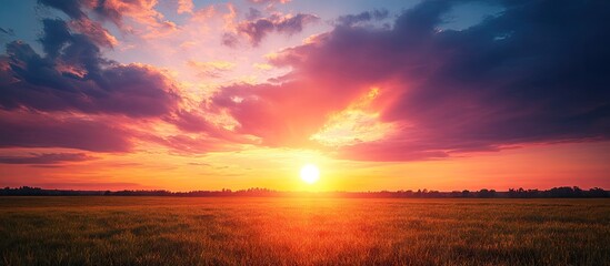 Poster - Natural sunrise over a field or meadow Vivid dramatic sky with dark earth below Countryside landscape featuring a beautiful colorful sky at sunset and dawn Sun above the skyline on the horizon Warm
