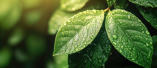 Leinwandbilder - Stunning macro photography of green leaves following a rain shower. with copy space image. Place for adding text or design