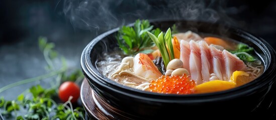 Fototapete - Shabu shabu is a Japanese dish featuring yellowtail which is seafood enjoyed when boiled. with copy space image. Place for adding text or design