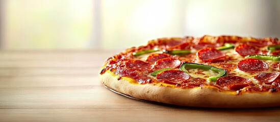 Fototapete - Delicious pizza featuring salami and green peppers along with a table image. with copy space image. Place for adding text or design