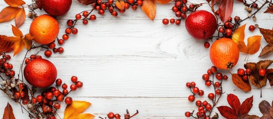 Poster - Wreath made of Euonymus europaeus on a white wooden background Decorative autumn frame featuring toxic fruits orange seeds and vibrant fall leaves copy space