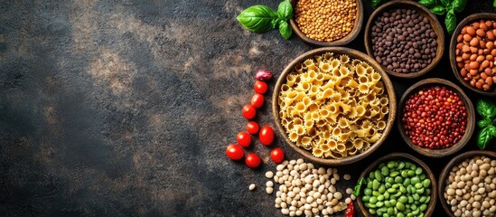 Fototapete - Lentil pasta cavatappi made from beans and legumes serves as a healthy second course meal or snack on the table with copy space in a rustic food background Suitable for keto or paleo diets it is a 