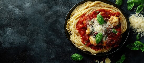 Fototapete - Italian spaghetti pasta topped with sauce chicken parmesan cheese and basil Food background flat lay. with copy space image. Place for adding text or design