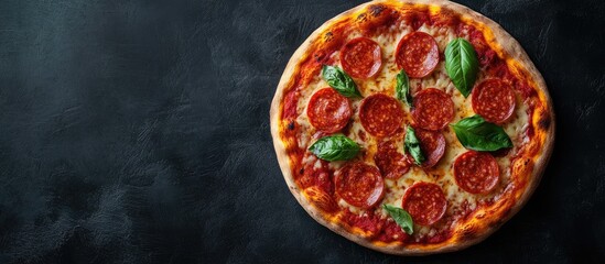 Fototapete - Pizza a well known and delicious Italian dish typically features a round flattened wheat base topped with tomato A top view showcases salami pizza topped with house salami basil and tomato featurin