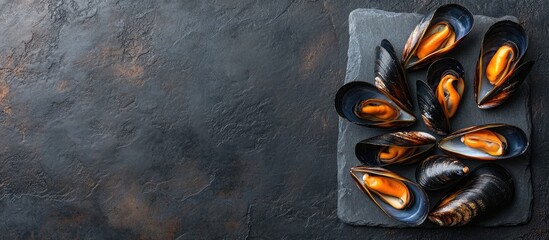 Poster - Fresh raw mussels seasoned with spices on a slate stone against a dark background Seafood top view flat lay copy space
