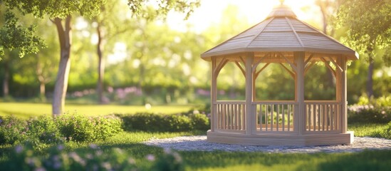 Poster - Gazebo in a natural setting Background with selective focus and copyspace for text