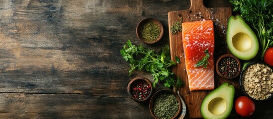 Aufkleber - Top view of a delicious fresh salted salmon fillet alongside crispbread and avocado on a wooden board Aromatic herbs spices and vegetables representing healthy food diet and cooking concepts Perfec