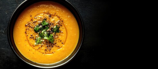 Leinwandbilder - Bowl of delicious pumpkin cream soup on a black background. with copy space image. Place for adding text or design