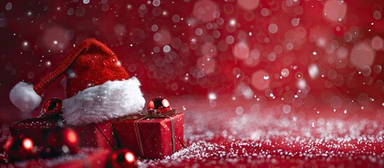 Aufkleber - Santa hats and Christmas gifts on a red background with sparkles Blurred effect Close up copy space