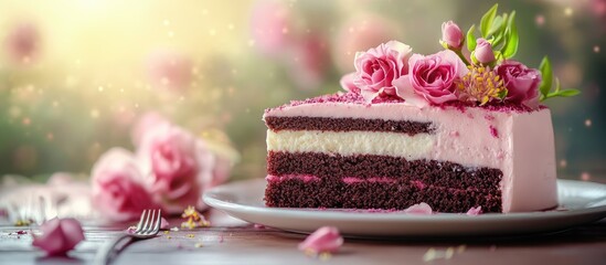 Poster - Cake and flowers with copyspace Dessert concept in a restaurant