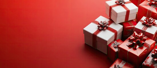 Aufkleber - Christmas presents on a red background. with copy space image. Place for adding text or design